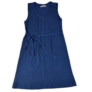 Catwalk Studio Blue Knit Pointelle Sleeveless Dress Button Front Pocketed Mini